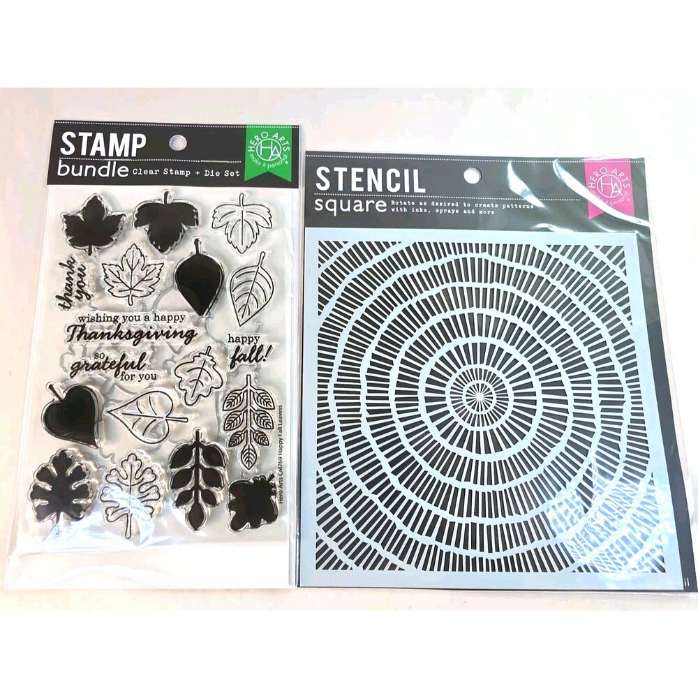 New Hero Arts Happy Fall Leaves Bundle Stamp, Die, Stencil Thanksgiving Fall